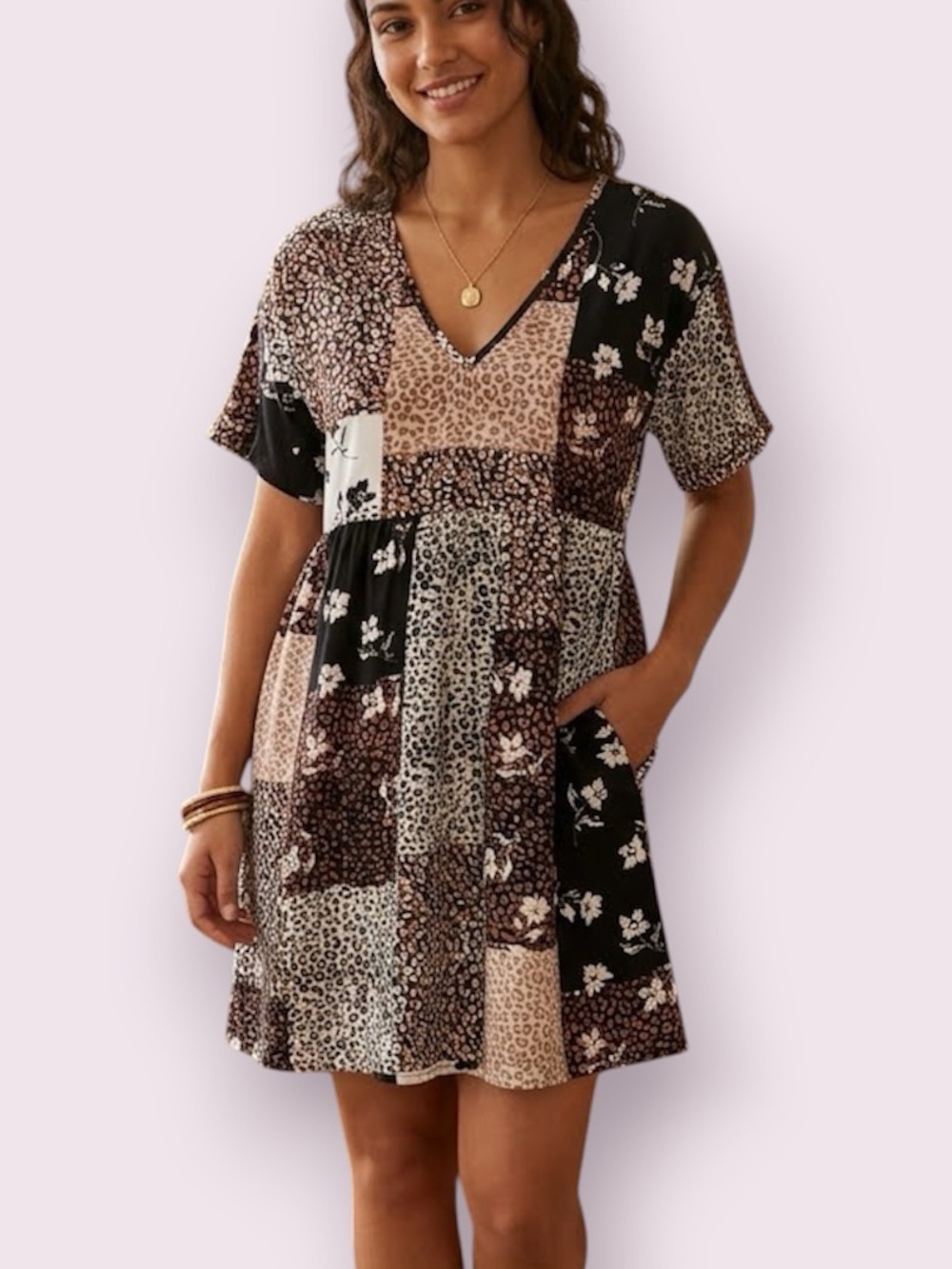 Hiatus Babydoll Tunic Mini Dress Leopard Floral Patchwork Print Size Small
